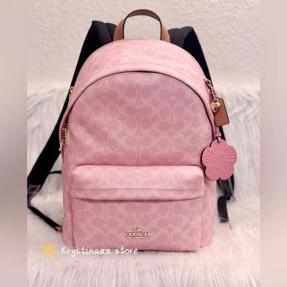 COACH Taylor Small Backpack In Signature Canvas With Charms CEF46 Powder Pink - Picture 4 of 12